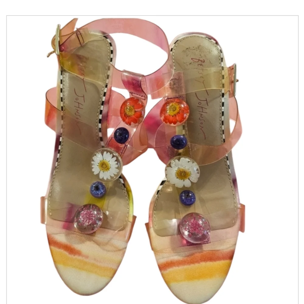 Betsey Johnson Lennie Pink Multi Floral Clear Block Heel 6